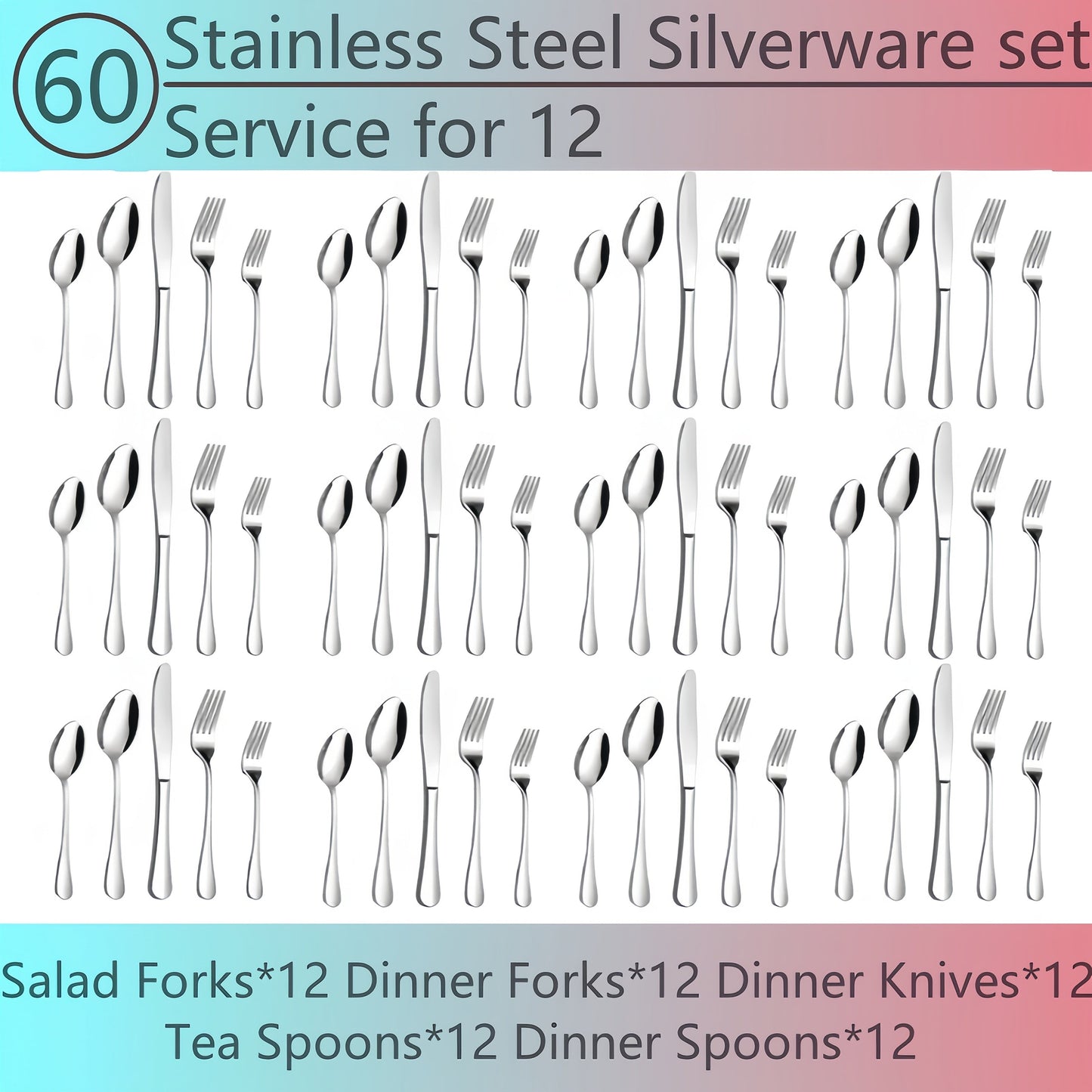 20- or 60-Piece Flatware Set in Silver, Gold or Rainbow Finish with Five-Piece Place Settings