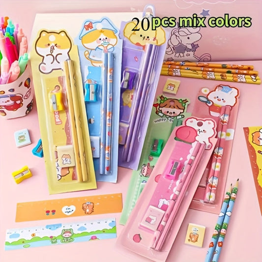 20-Piece Cartoon Pencil Stationery Set with Ruler Eraser Sharpener, Random Cartoon Styles, Kids School Supplies, Party Favor Prizes, Festival Gift Set for Students