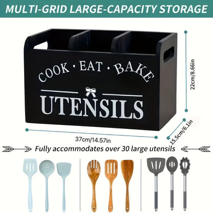 Wooden Kitchen Utensil Holder 3 Compartment Countertop Organizer, Rustic Wood Kitchen Tool Storage Box Wall Mounted or Countertop, Country Style Kitchen Accessories for Cook Bake Eat Tools