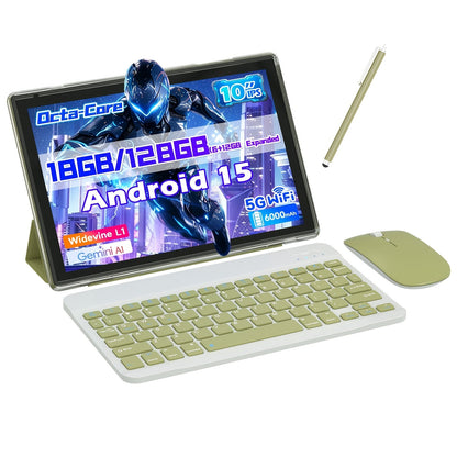 Android 15 Tablet 10 Inch, 12GB+6GB RAM 128GB ROM 1TB Expandable Storage, RK3562 Quad-Core, Dual Band 2.4G/5G WiFi, IPS Touch Screen, Long Battery Life - Fast Performance Pad for Work & Entertainment