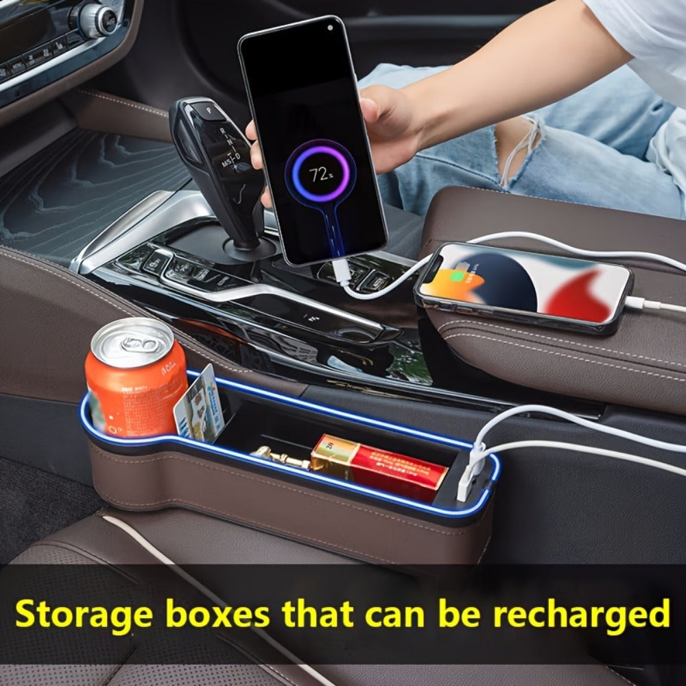 Car Seat Gap Storage Box with Phone Holder & Charger – Sundries Organizer with Ambient Atmosphere Light, Driver & Co-Pilot, 1pc or 2pc Set