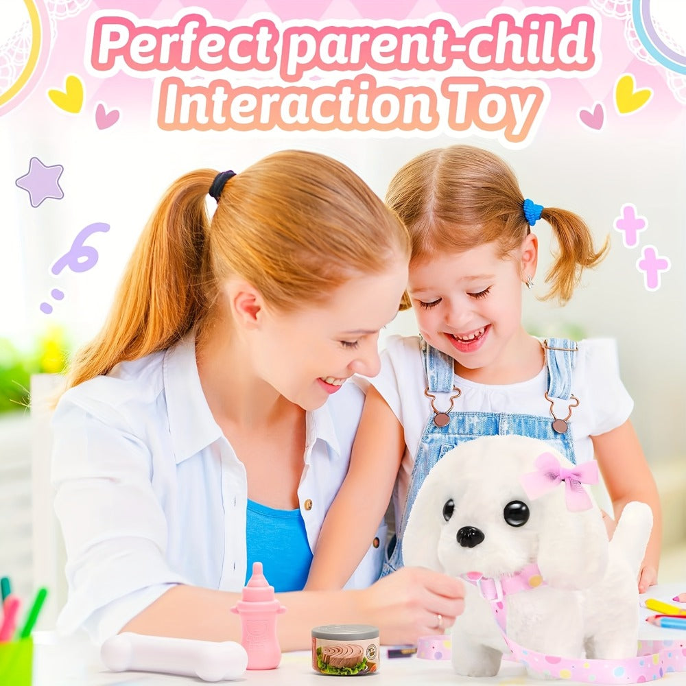 Plush Toy – White Electronic Puppy with Walking, Barking, Tail-Wagging Action, Leash and Bow