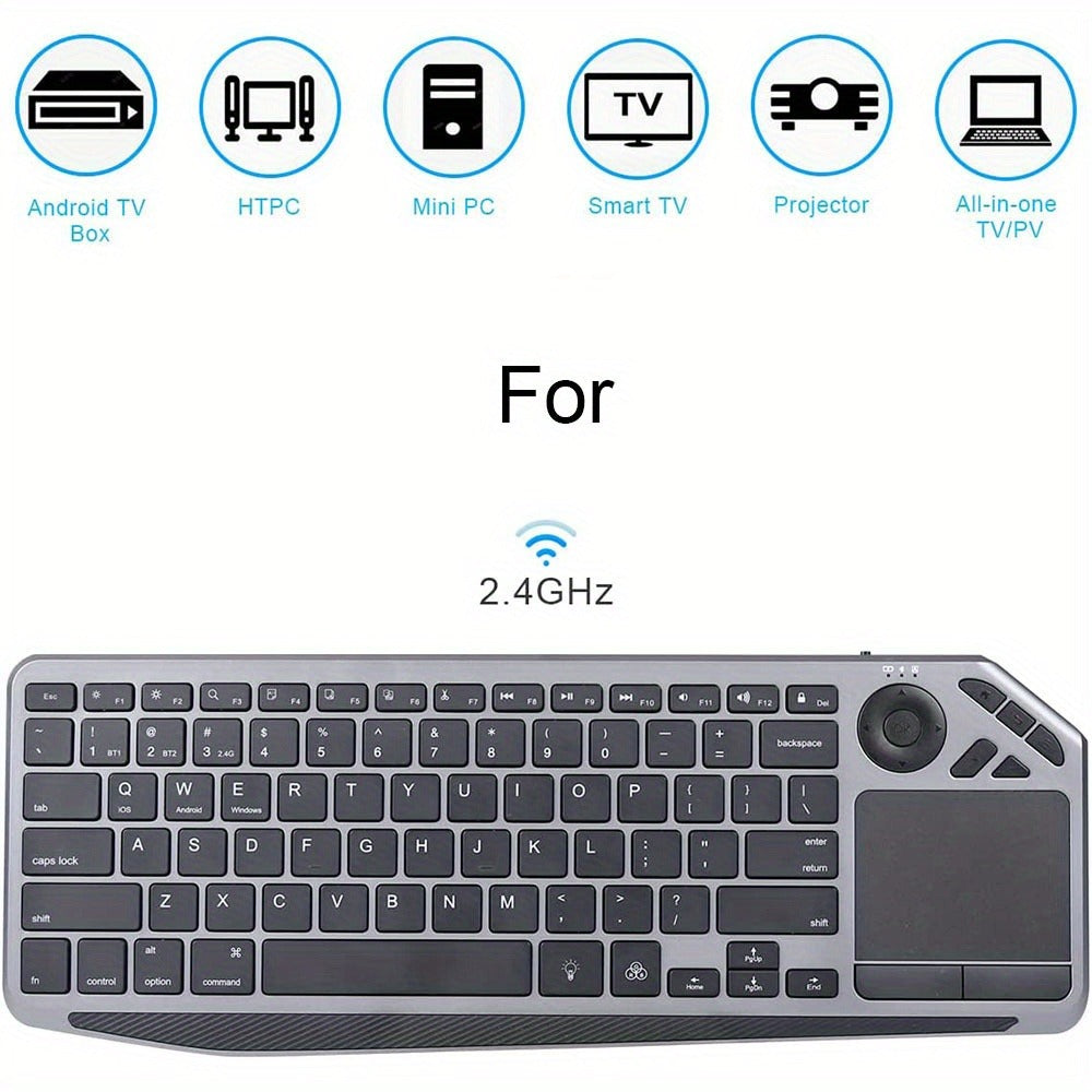 Touchpad Wireless Keyboard 2.4G Dual Mode – Backlit Multimedia Hotkeys, Type-C Rechargeable, All-in-One Remote for Smart TV, Android TV Box, Tablet, PC & Computer | Deep Grey