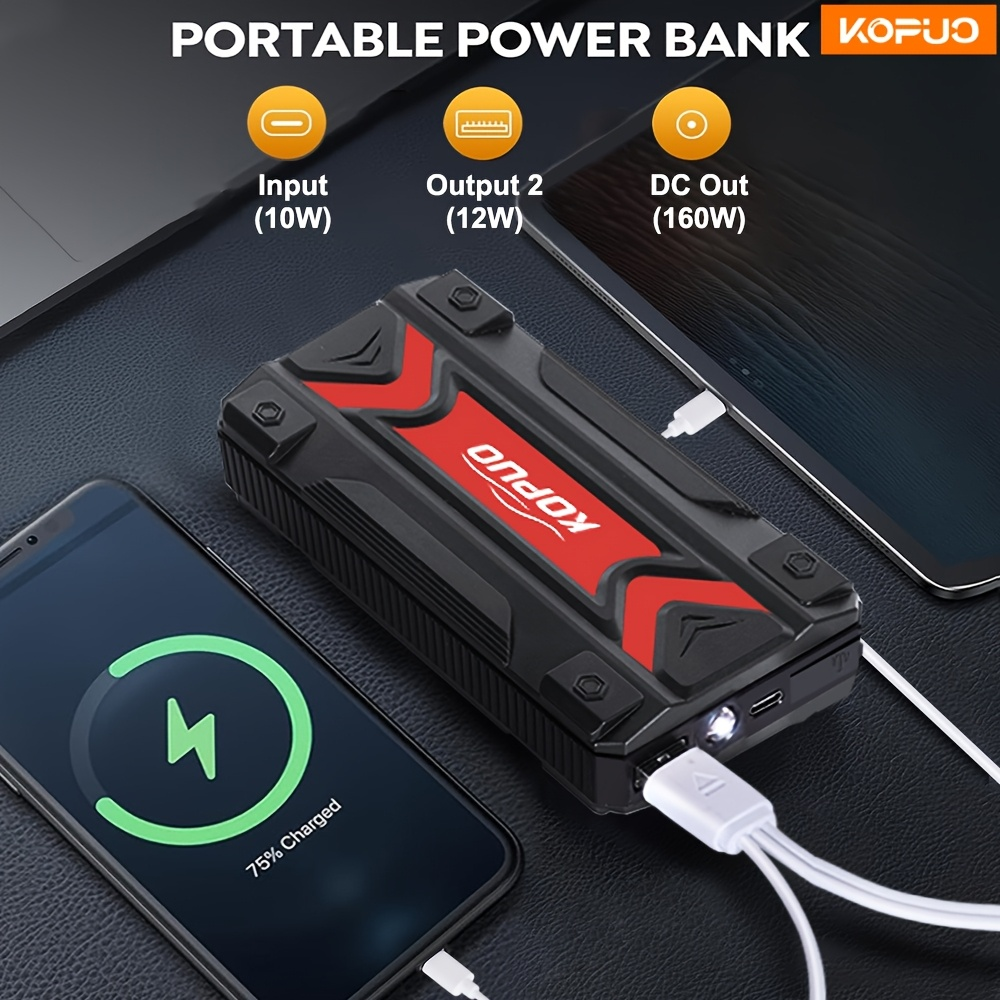 Car Jump Starter Power Bank 3-in-1 12V Battery Booster Charger LED Flashlight SOS for Cars Motorcycles SUVs Compact Emergency Starter Dead Battery in Seconds