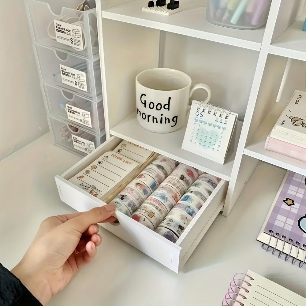 White Two-Tier Desktop Organizer Shelf with Multiple Compartments, Heart Drawer and 50 cm Wide Top