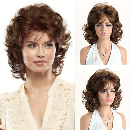 Short Curly Wig with Slanted Bangs 14 Inch Heat Resistant Synthetic Rose Net Cap Grey Mixed Dark Brown Light Brown for Women Daily Wear Halloween Festivals Cosplay