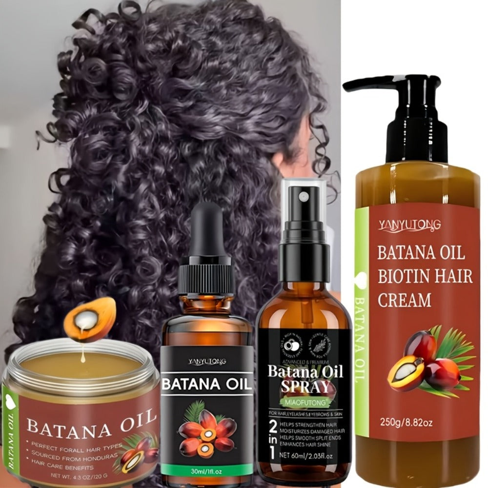 Three-Piece Batana Oil and Biotin Hair Care Set with Pump Cream, Dropper Bottle and Balm Formats