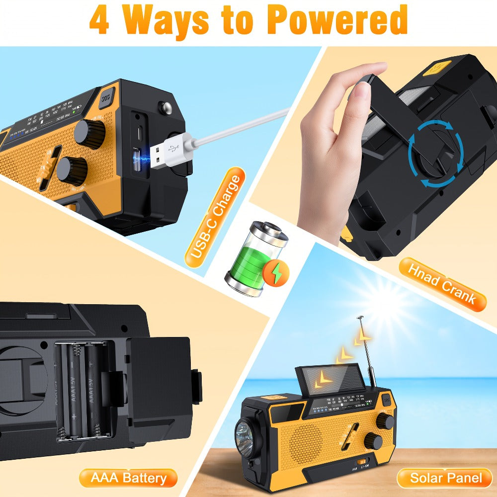 2000mAh AM/FM/NOAA Emergency Radio with Built-In Charging Cables, Solar Panel, Hand Crank and Three Colors