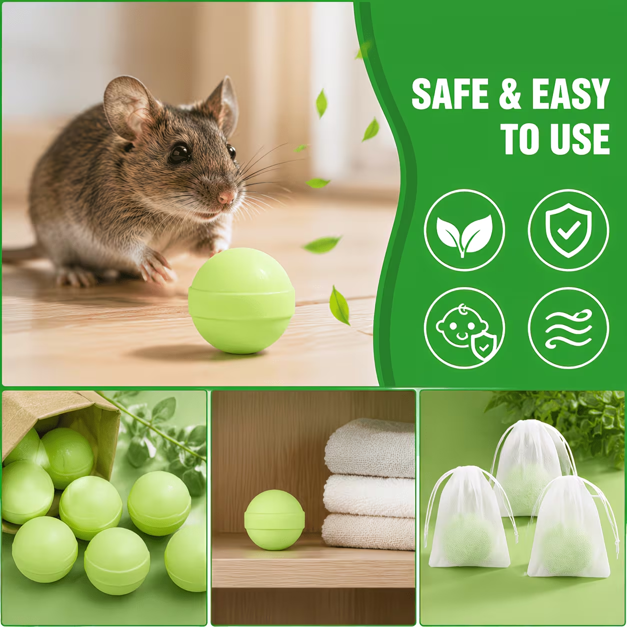 Peppermint Rodent Repellent Balls, Natural Mice Repellent Indoor Outdoor, Mouse Spider Ant Roach Repellent, Pest Control Balls for Home Garage Attic Kitchen
