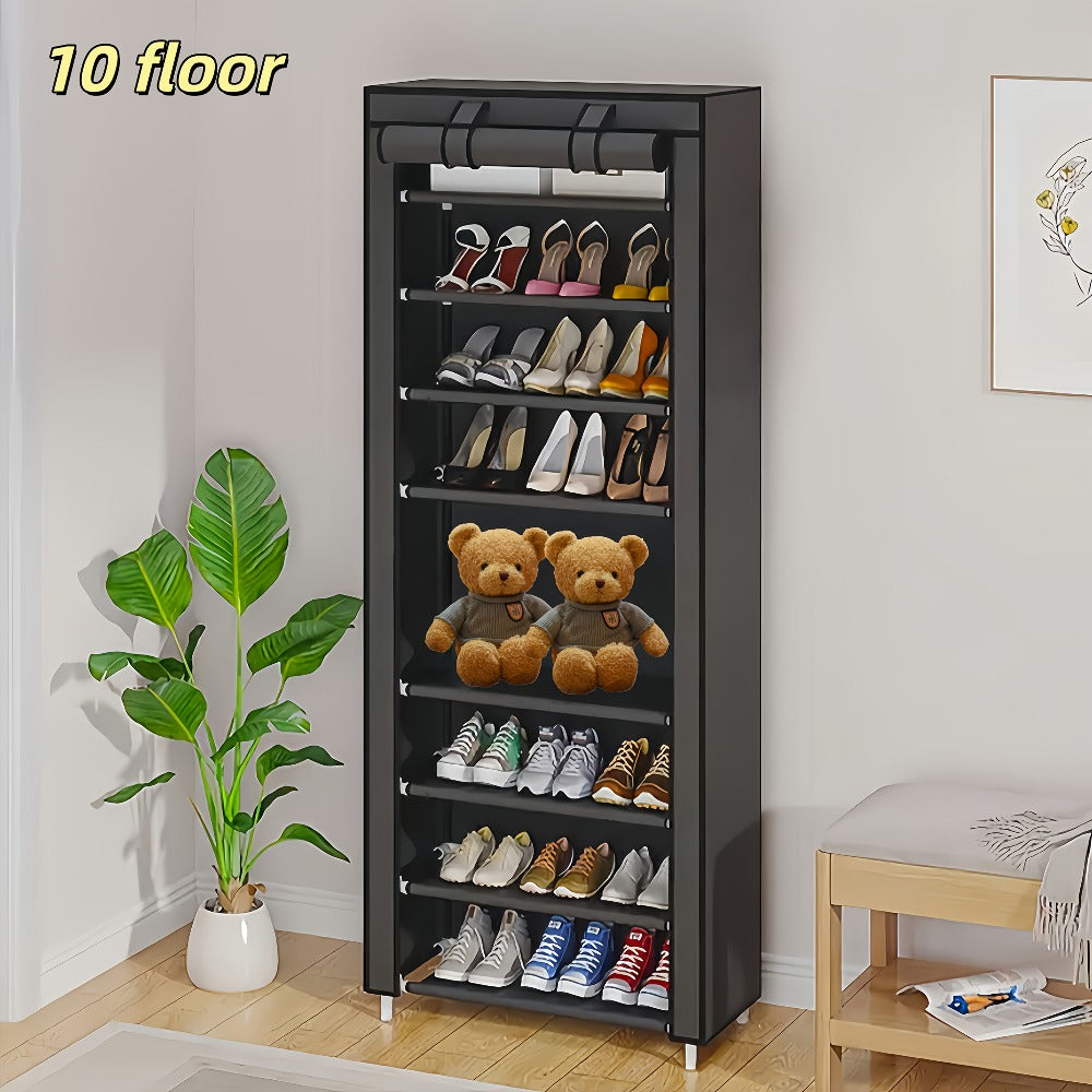 Shoe Rack with Dust Cover – 6/8/10 Tier High-Capacity Space Saving Shoe Organizer, Easy Assembly, 12mm Pipe, Entryway Closet & Wardrobe Storage Rack