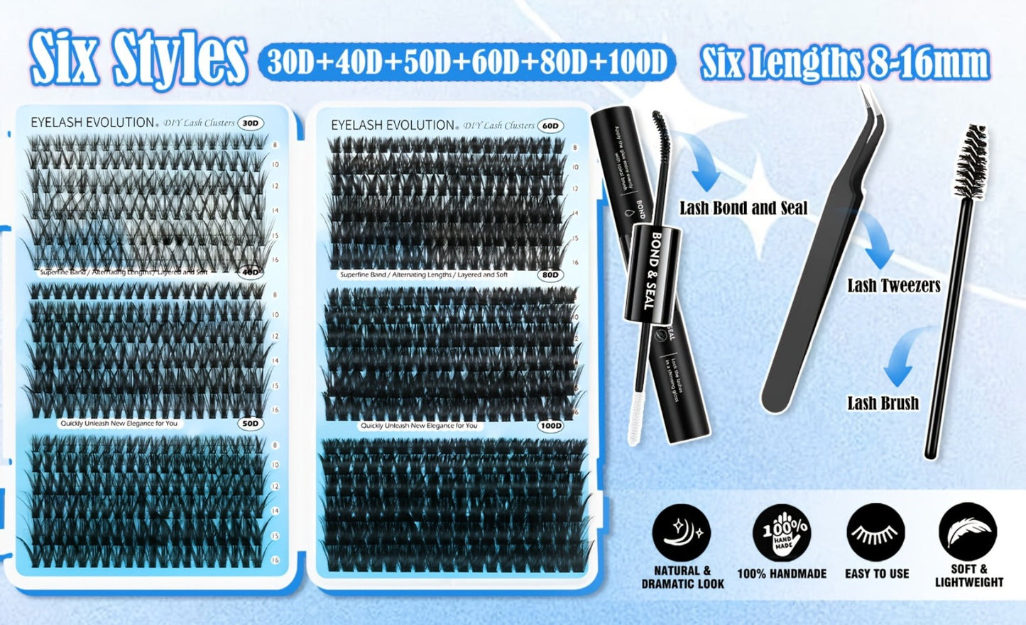 C-Curl Lash Extension Kit with 720 Clusters in 30D-100D Mixed Densities, Bond Product, Tweezers and Brush