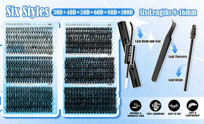 C-Curl Lash Extension Kit with 720 Clusters in 30D-100D Mixed Densities, Bond Product, Tweezers and Brush