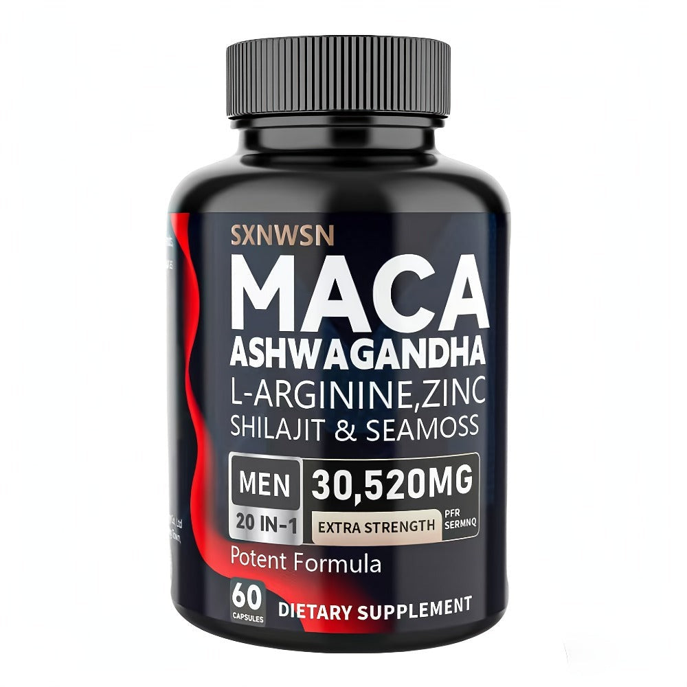 Dietary Supplement Capsules with SXNWSN Label, Sea Moss, Shilajit, Maca, L-Arginine and 60 or 120 Count