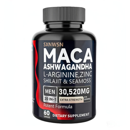 Dietary Supplement Capsules with SXNWSN Label, Sea Moss, Shilajit, Maca, L-Arginine and 60 or 120 Count