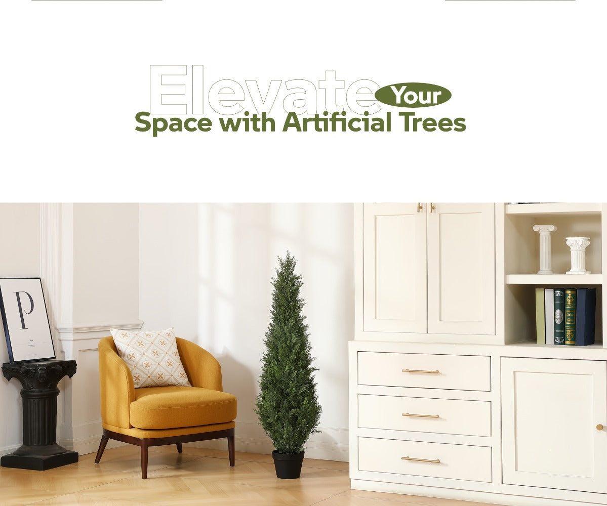 Artificial Cedar Topiary Tree with 3, 4 or 5 ft Height Options, Black Pot and Single or Two-Tree Sets