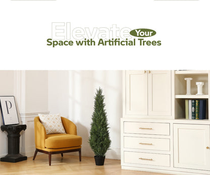 Artificial Cedar Topiary Tree with 3, 4 or 5 ft Height Options, Black Pot and Single or Two-Tree Sets
