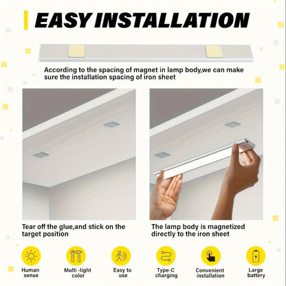 LED Motion Sensor Light USB-C Rechargeable 3 Color Temperatures Stepless Dimming Wireless Magnetic Under Cabinet Closet Night Light 1 2 4 Pack 20cm 30cm 40cm 50cm