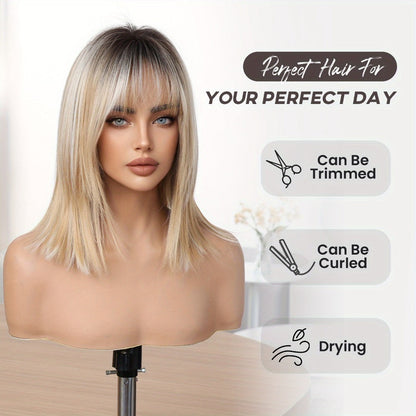 Synthetic Wig 16-Inch Gradient White-Golden Straight Style with Bangs and Adjustable Rose Net Cap