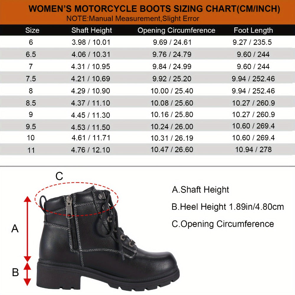 Women's Motorcycle Riding Boots, Low Heel Lace-Up Ankle Booties with Side Zipper, Non-Slip Rubber Sole Biker Combat Boots in Black Faux Leather, All-Season, US Sizes 6–11