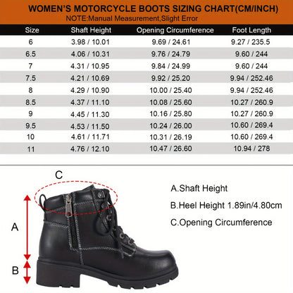 Women's Motorcycle Riding Boots, Low Heel Lace-Up Ankle Booties with Side Zipper, Non-Slip Rubber Sole Biker Combat Boots in Black Faux Leather, All-Season, US Sizes 6–11