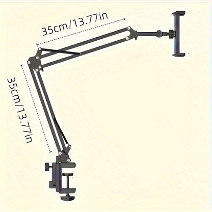 Long-Arm Tablet Stand with Desk Clamp, Two 35 cm Articulating Sections and Rotating 4–13 Inch Device Holder