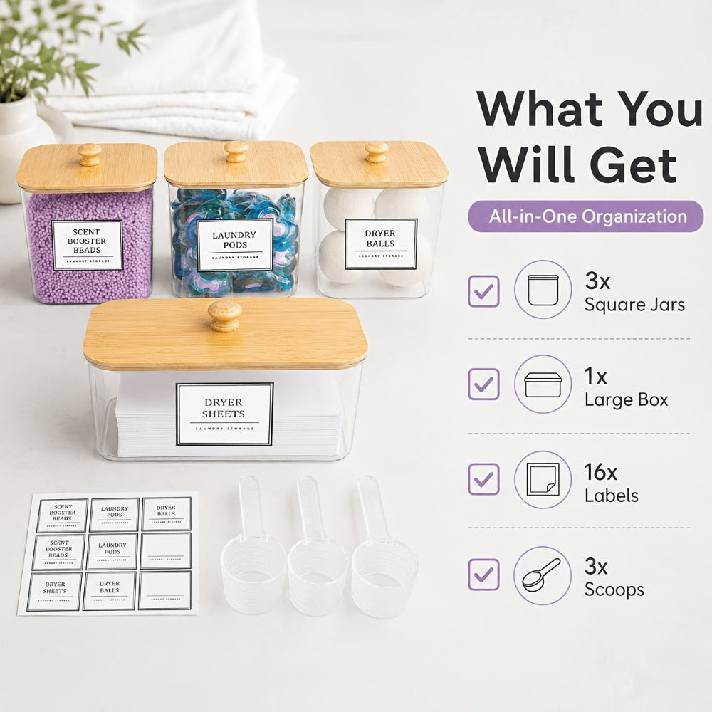 Laundry Pods Container & Dryer Sheet Holder Set with Bamboo Lids, Clear Laundry Room Organization Containers for Scent Booster, Powder, Pods – 3+1 Pack