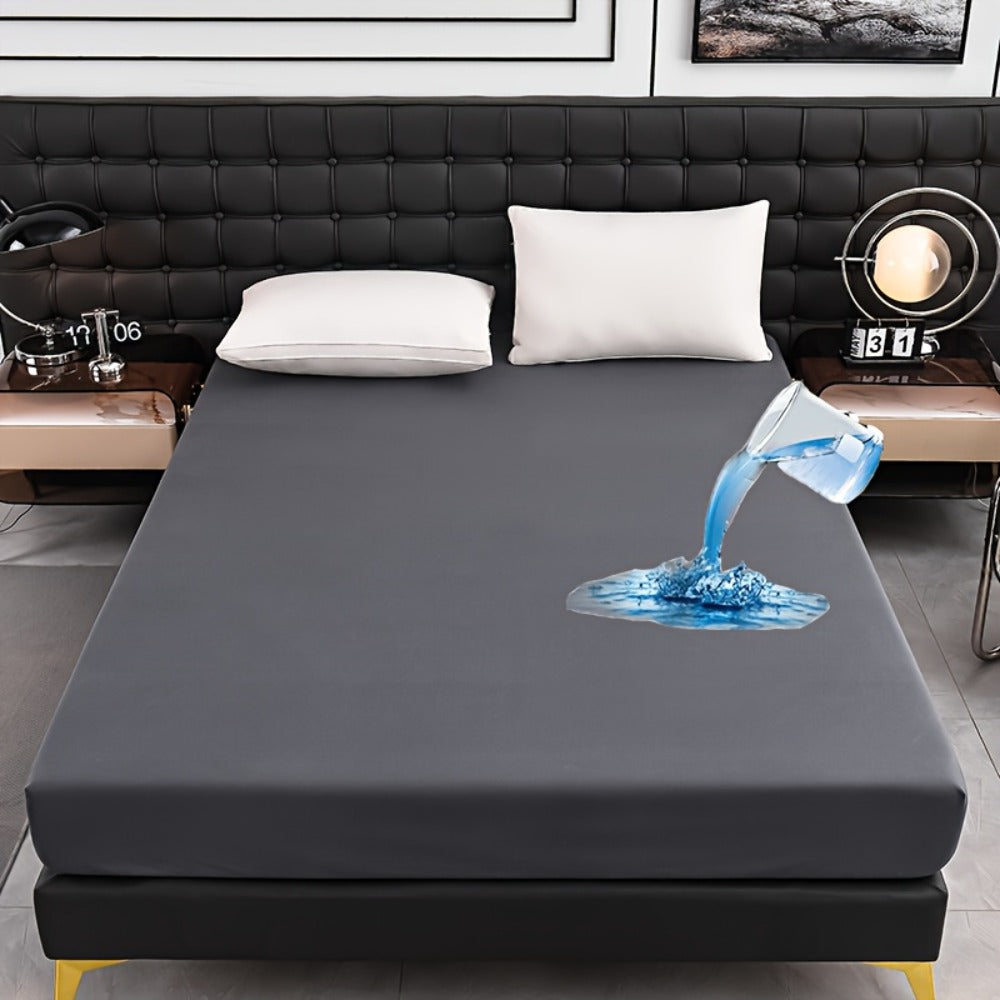 Waterproof Solid-Color Fitted Sheet with 11.8-Inch Pocket, Six Colors and Twin to King Sizes
