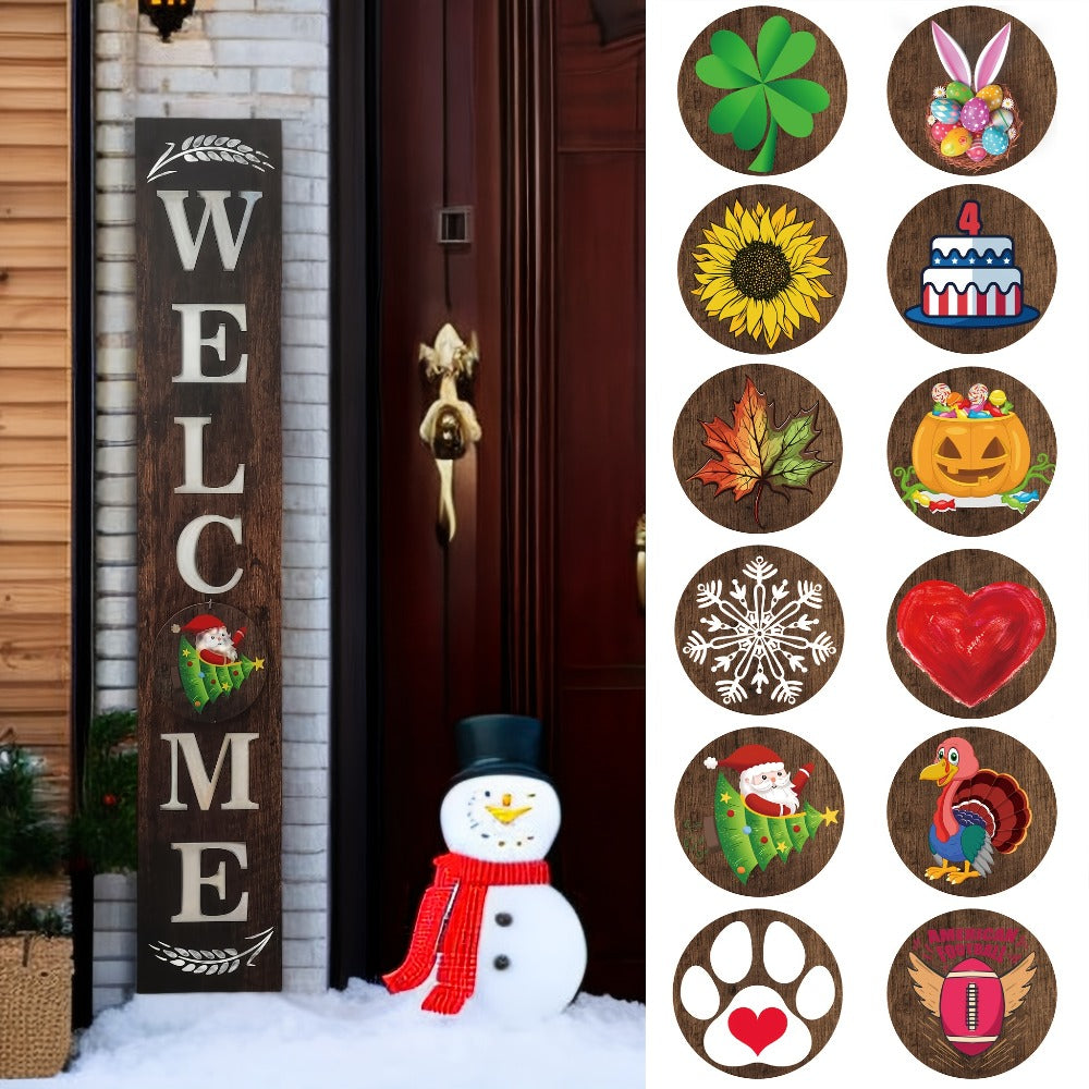 Seasonal Welcome Porch Sign with 12 Interchangeable Icons, 47-Inch Leaner Board in Six Color Options