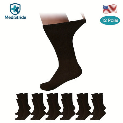 12-Pair Crew-Length Diabetic Sock Set in Six Colors with 9-11, 10-13 and 13-15 Size Options