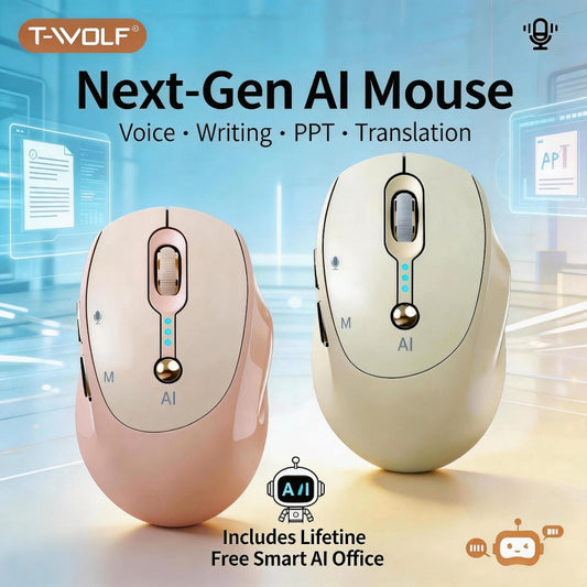 AI Smart Wireless Mouse with Voice-to-Text Real-Time Translation AI Writing PPT Creation Silent BT+2.4G Dual Mode Rechargeable Battery Display Portable for PC Laptop Tablet (T-WOLF)