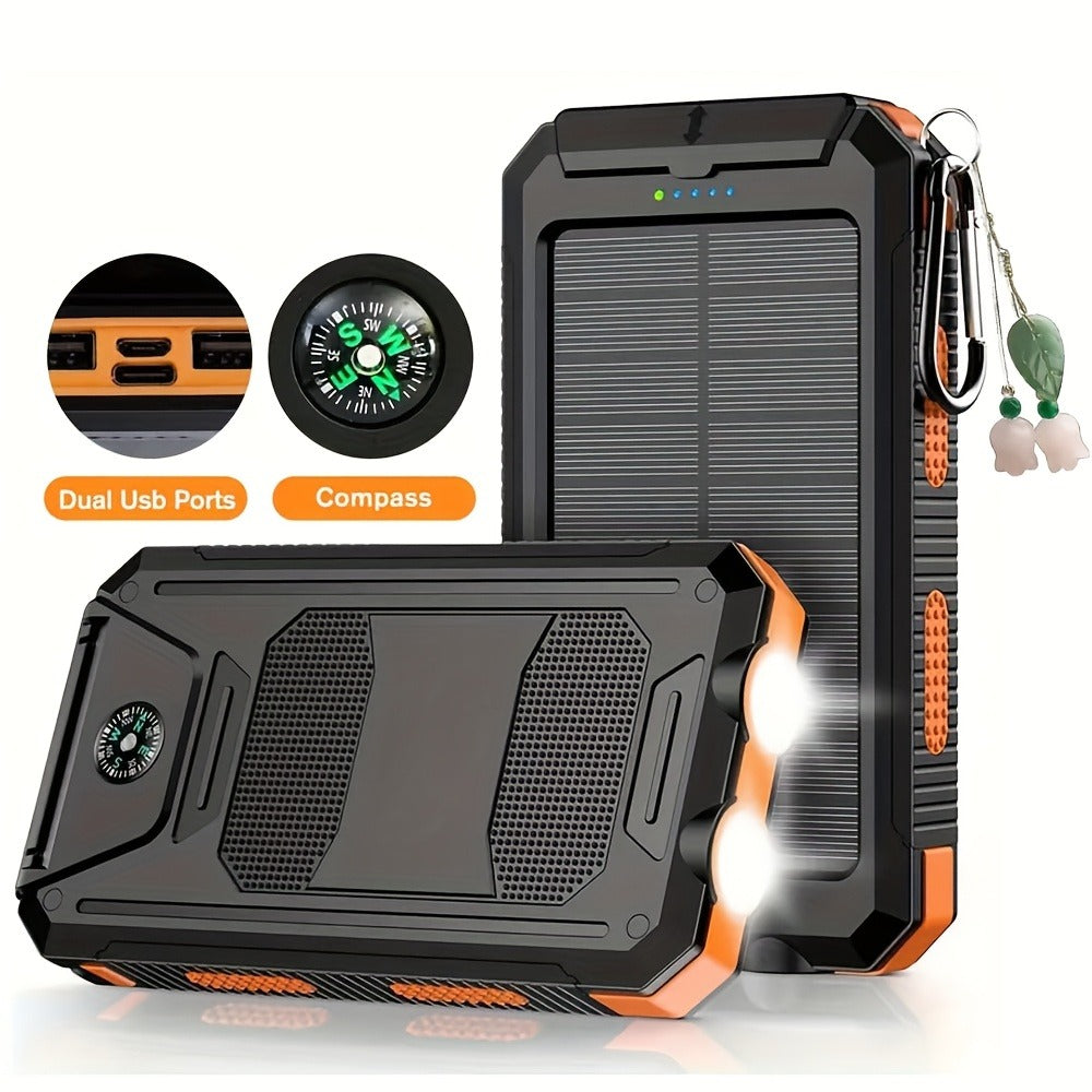 Solar Power Bank, 50000mAh Dual-USB Charger with Solar Panel, Dual LED Flashlights, Compass and Four Colors