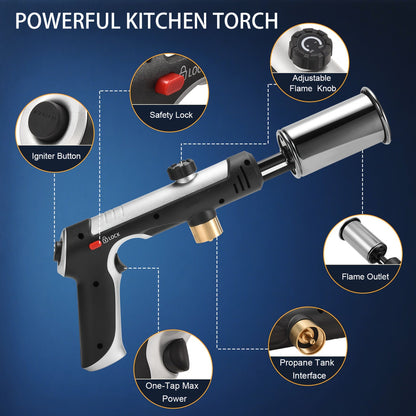 Propane Torch Gun with Safety Lock & One-Touch Max Fire, Adjustable Flame Butane Burner for Searing Steak