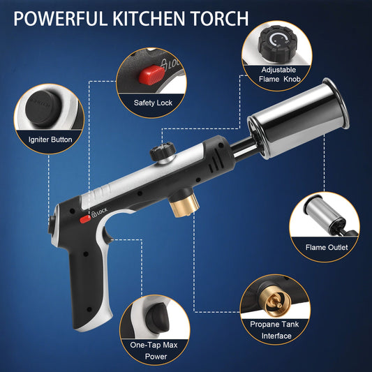 Propane Torch Gun with Safety Lock & One-Touch Max Fire – Adjustable Flame Butane Burner for Searing Steak, BBQ, Caramel, Camping, Welding & Crafts (Gas Not Included)