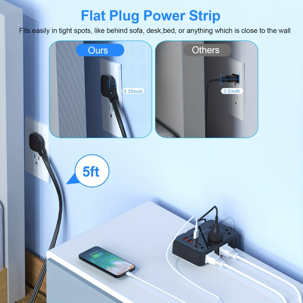 Flat Plug Extension Cord Surge Protector 10-in-1 with 6 AC Outlets 2 USB-C 2 USB-A Ports 5ft Ultra Thin Power Strip 5V/3.1A Wall Mount Charging Station for Home Office Dorm – Black & White