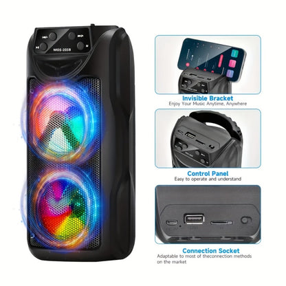 Dual Speaker Bluetooth Speaker with LED Ambient Lighting MOS-2058, Portable Wireless Stereo Sound System for Bedroom Living Room Party Outdoor Camping, Rechargeable Home Audio Speaker with Colorful Mood Lights