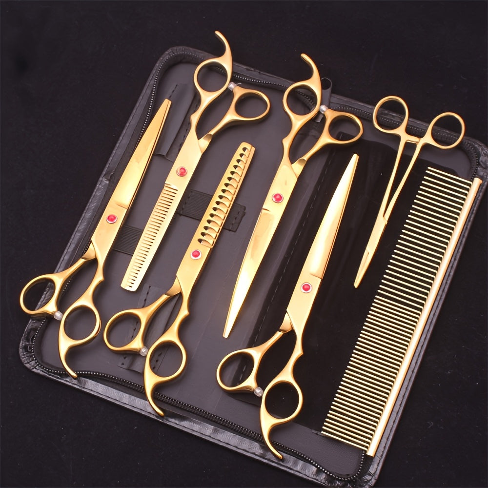 Dog Grooming Scissors Set 7 Piece - Japanese Stainless Steel Cutting Thinning Chunker Shears with Pet Comb for All Breeds
