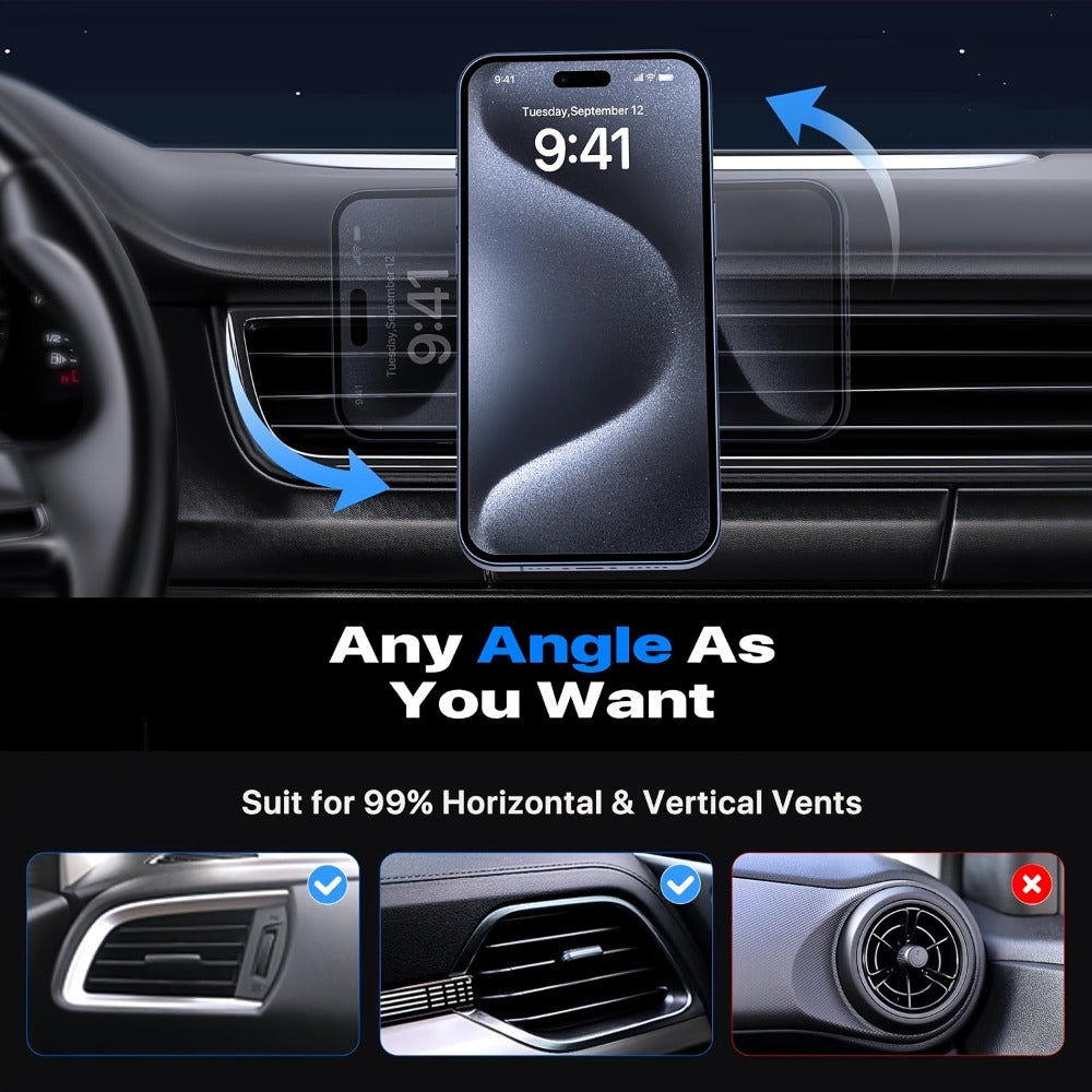 Magnetic Wireless Car Charger Phone Mount 15W Fast Charging – 360° Rotation Air Vent Car Phone Holder Compatible with iPhone 16 / 15 / 14 / 13 / 12 Series | MagSafe-Style Magnetic Car Charger
