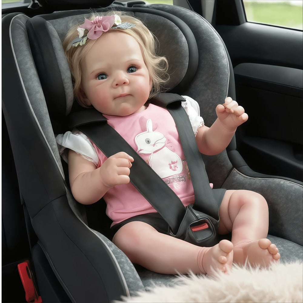 Reborn Baby Doll 16-Inch Cloth Body with Rooted Blonde Hair, Open Eyes, Pink Romper and Pacifier Set