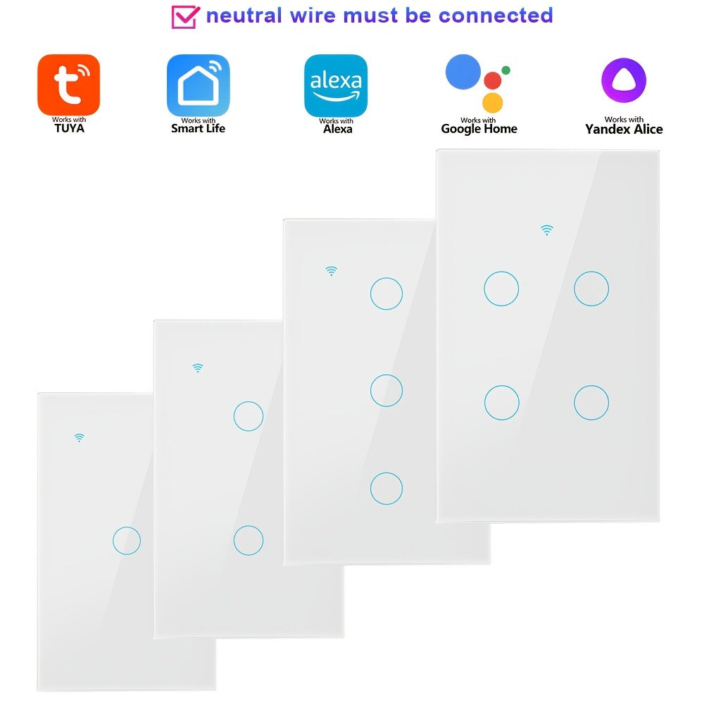 White Glass WiFi and Bluetooth Touch Wall Switch with One- to Four-Gang US-Style Options and Neutral-Wire Wiring