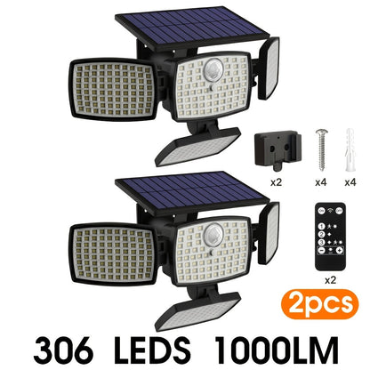 Solar Outdoor Motion Sensor Light 4-Head 3000LM, 270° Wide Angle, 3 Modes, Remote Control for Garden, Pathway and Patio Lighting