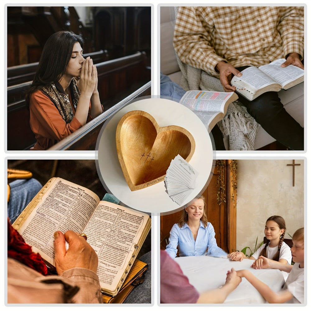 Heart-Shaped Wooden Prayer Bowl Set with Cross Engraving and Twenty-Four Printed Prayer Cards