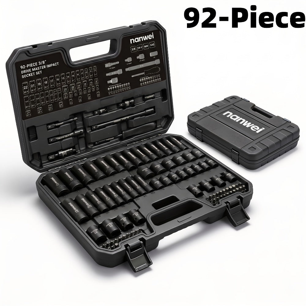 Impact Socket Set 3/8" Drive CR-V - 15/92 Piece Metric & SAE 6-Point with Ratchet Handle Adapter Storage Box for Auto Repair Mechanic DIY