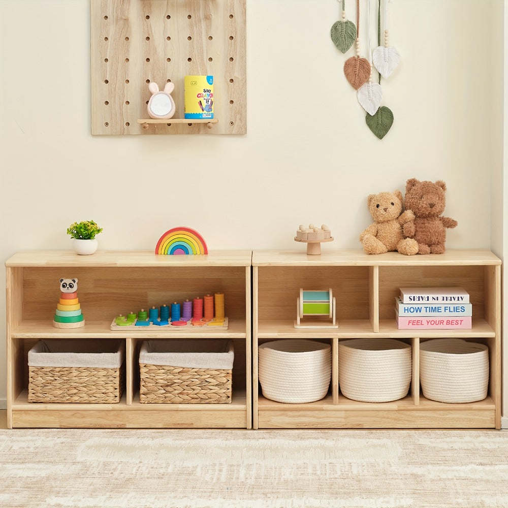 Rubber Wood 5-Compartment Bookshelf 35.4", 2-Tier Wooden Storage Cabinet for Classroom, Playroom & Preschool