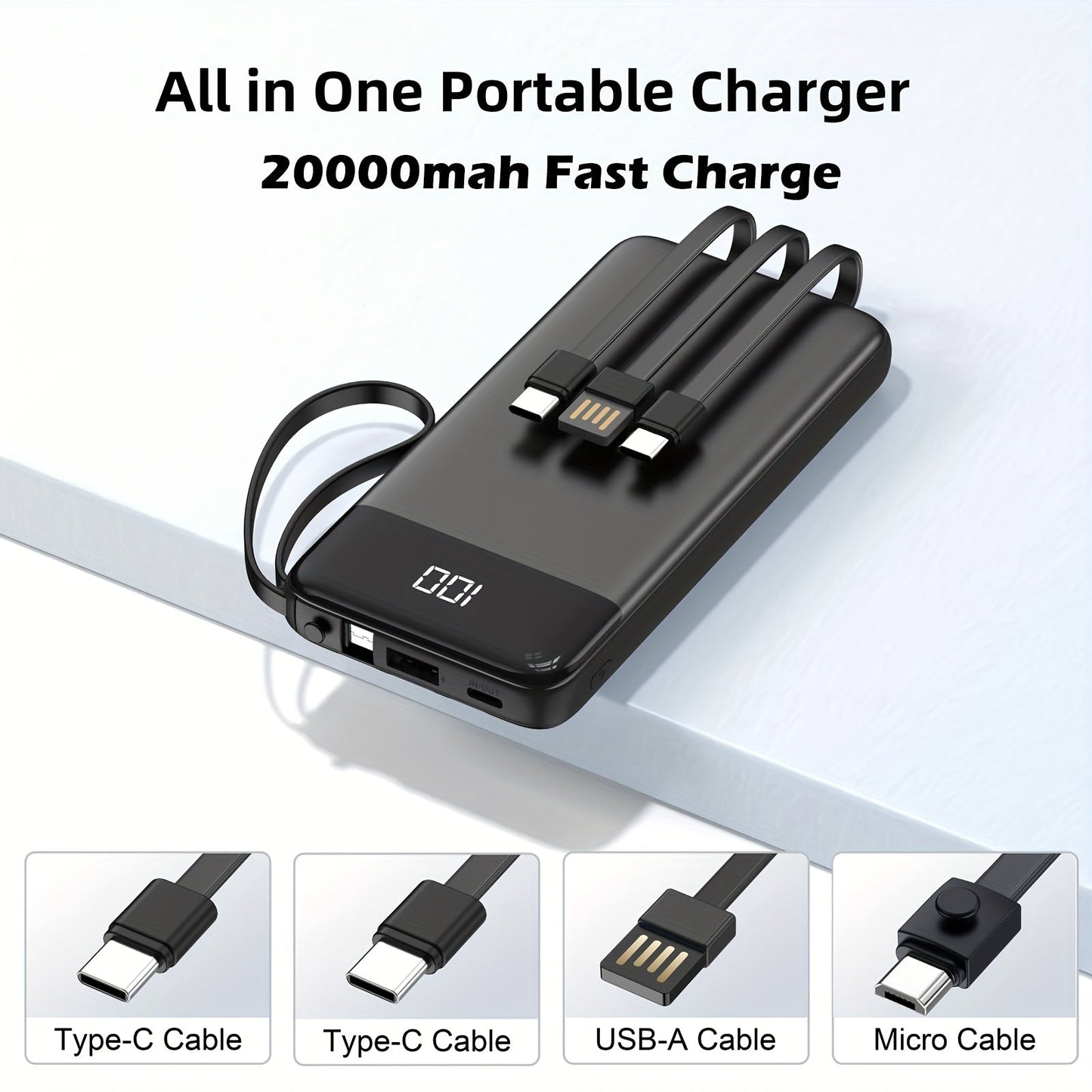 Power Bank 20000mAh with Built-In Cable Set, 20W Listed Charging and Solar or Standard Options