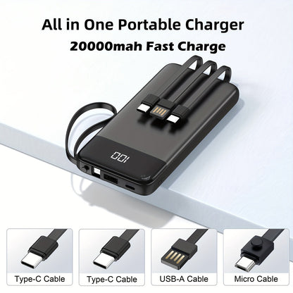 Power Bank 20000mAh with Built-In Cable Set, 20W Listed Charging and Solar or Standard Options
