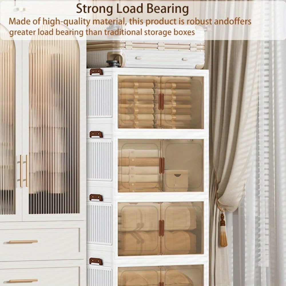 Stackable Storage Cabinet with Doors and Wheels | Collapsible Plastic Locker 1-5 Layers Large Capacity Home Organization for Bedroom Living Room Kitchen Easy Assembly Space Saving