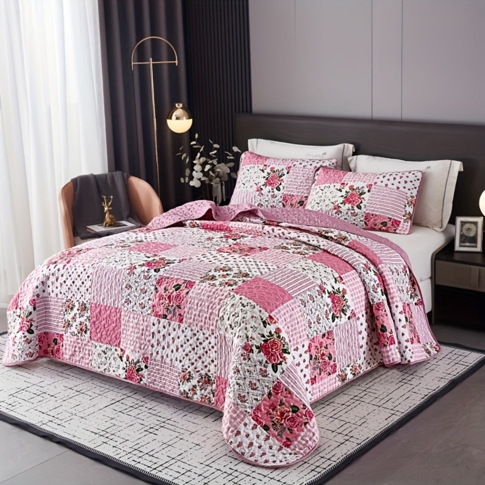 Quilted Bedspread Set 3 Piece Pink Floral Patchwork Comforter Set with 2 Pillowcases, Machine Washable All Season Bed Cover, Soft Breathable Bedroom Bedding Set Twin Full Queen King