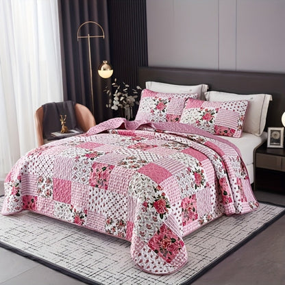 Quilted Bedspread Set 3 Piece Pink Floral Patchwork Comforter Set with 2 Pillowcases, Machine Washable All Season Bed Cover, Soft Breathable Bedroom Bedding Set Twin Full Queen King