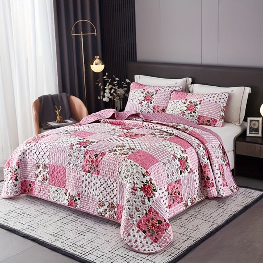 Quilted Bedspread Set 3 Piece Pink Floral Patchwork Comforter Set with 2 Pillowcases, Machine Washable All Season Bed Cover, Soft Breathable Bedroom Bedding Set Twin Full Queen King
