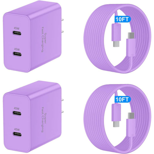 45W Samsung Super Fast Charger USB-C Dual Port Android Fast Charging Block with 10FT Long USB-C Cable for Samsung Galaxy S25 Ultra S25+ S24 Ultra S24 S23 A55 A35 – Purple